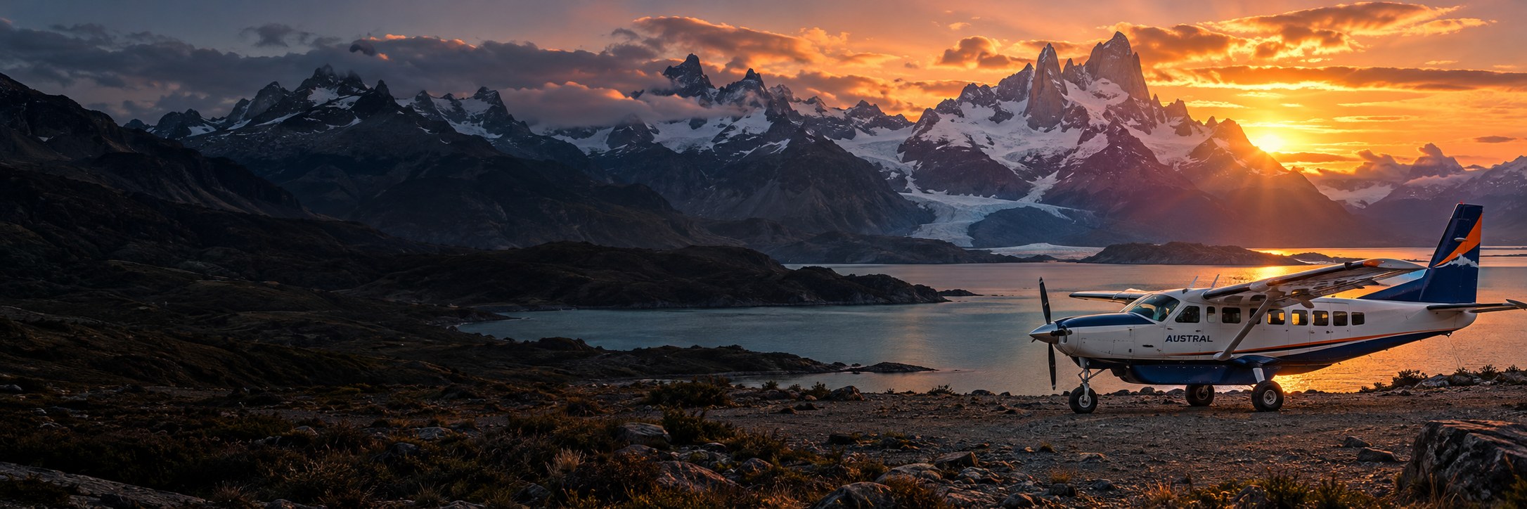 Ilustración de una aeronave Austral junto a montañas y un lago patagónico